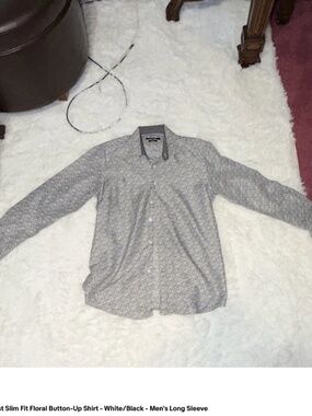 Nine West Men’s Slim Fit Floral Button Up Shirt | Black & White Pattern Long Sle